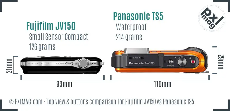 Fujifilm JV150 vs Panasonic TS5 top view buttons comparison