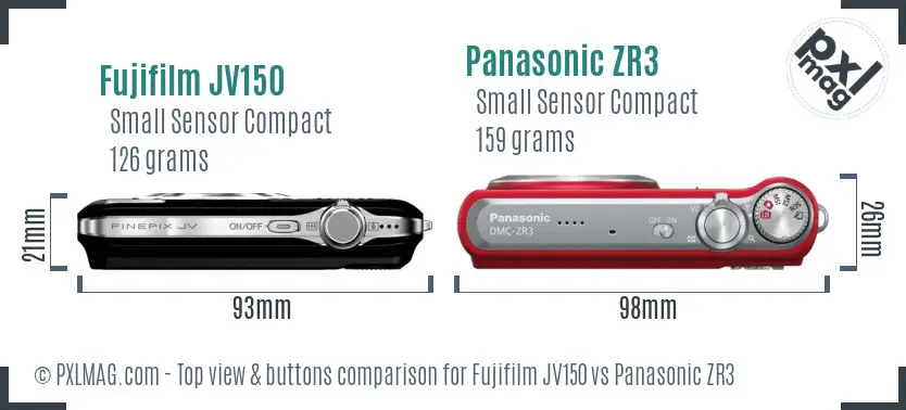 Fujifilm JV150 vs Panasonic ZR3 top view buttons comparison