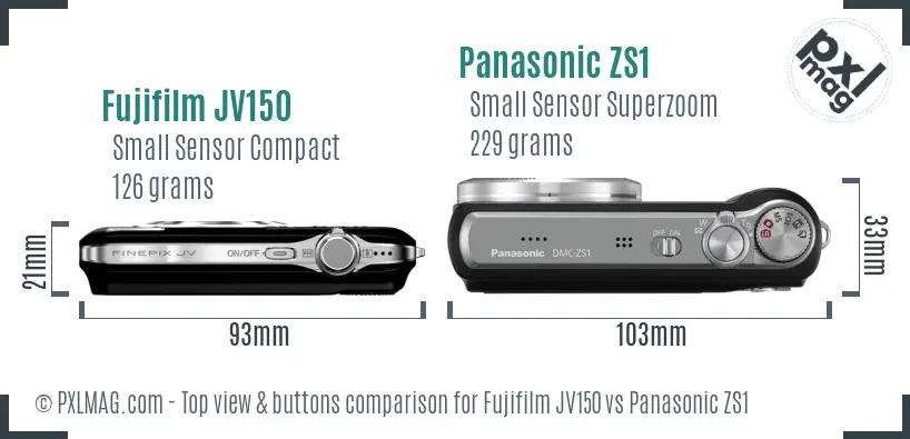 Fujifilm JV150 vs Panasonic ZS1 top view buttons comparison Fujifilm JV150 vs Panasonic ZS1 top view buttons comparison