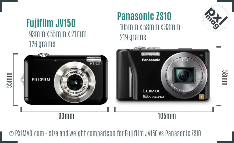 Fujifilm JV150 vs Panasonic ZS10 size comparison