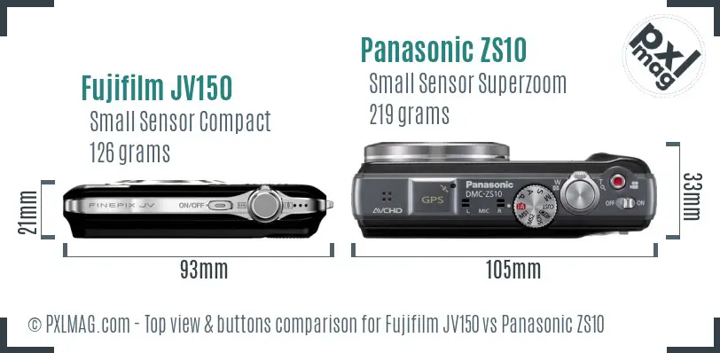 Fujifilm JV150 vs Panasonic ZS10 top view buttons comparison