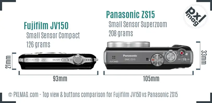 Fujifilm JV150 vs Panasonic ZS15 top view buttons comparison Fujifilm JV150 vs Panasonic ZS15 top view buttons comparison