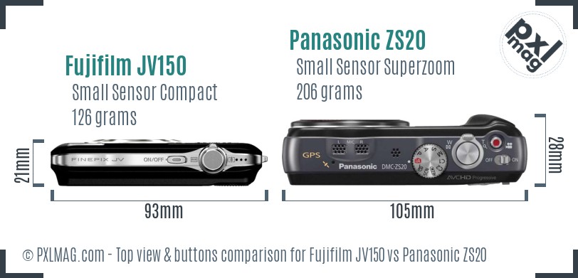 Fujifilm JV150 vs Panasonic ZS20 top view buttons comparison