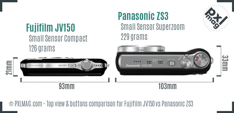 Fujifilm JV150 vs Panasonic ZS3 top view buttons comparison Fujifilm JV150 vs Panasonic ZS3 top view buttons comparison