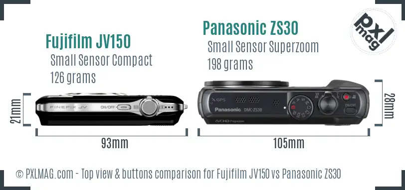 Fujifilm JV150 vs Panasonic ZS30 top view buttons comparison
