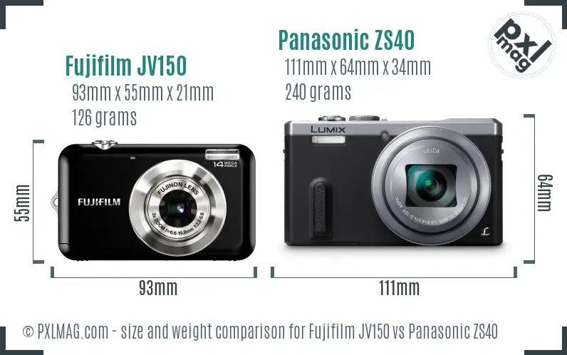 Fujifilm JV150 vs Panasonic ZS40 size comparison