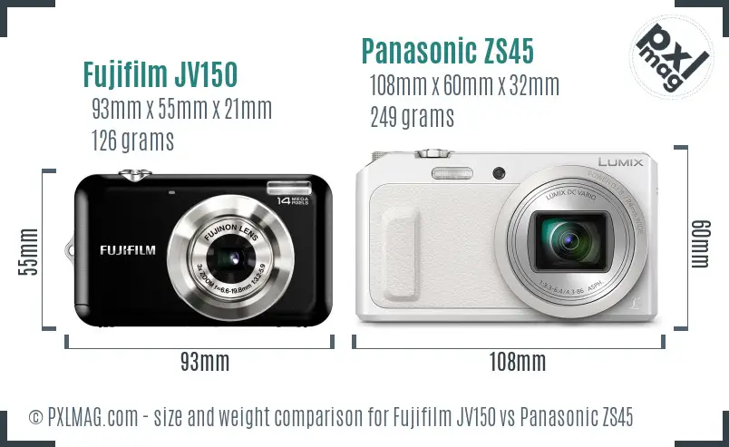 Fujifilm JV150 vs Panasonic ZS45 size comparison