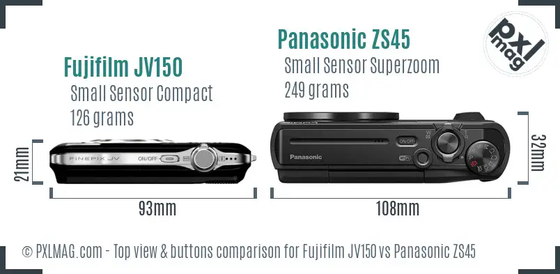 Fujifilm JV150 vs Panasonic ZS45 top view buttons comparison