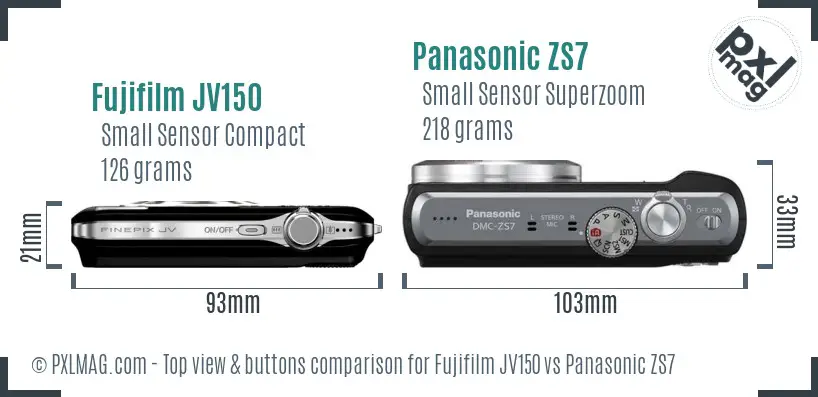 Fujifilm JV150 vs Panasonic ZS7 top view buttons comparison