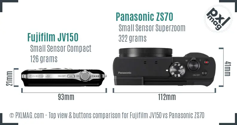 Fujifilm JV150 vs Panasonic ZS70 top view buttons comparison