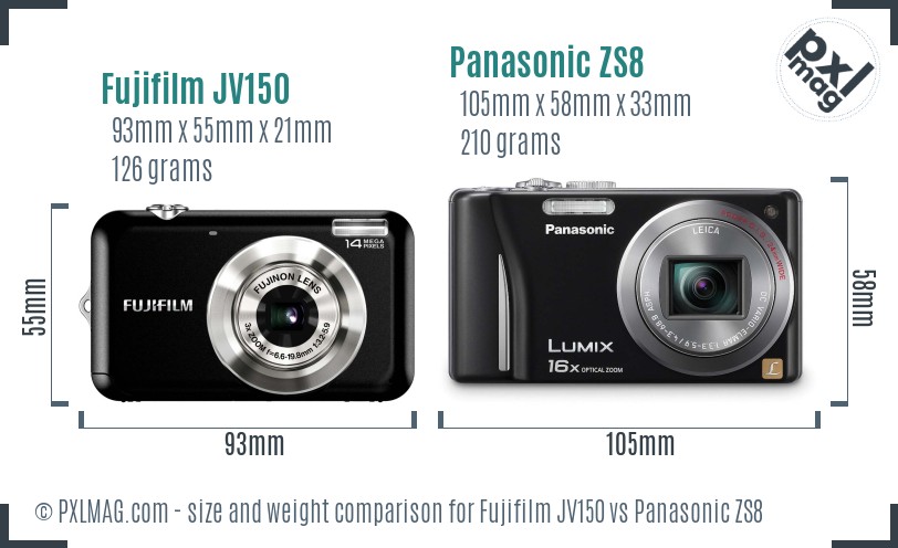 Fujifilm JV150 vs Panasonic ZS8 size comparison