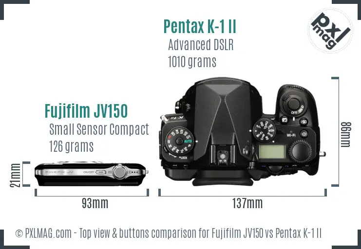 Fujifilm JV150 vs Pentax K-1 II top view buttons comparison