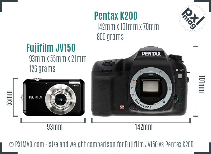 Fujifilm JV150 vs Pentax K20D size comparison