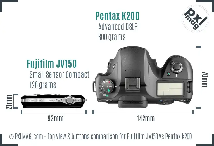 Fujifilm JV150 vs Pentax K20D top view buttons comparison