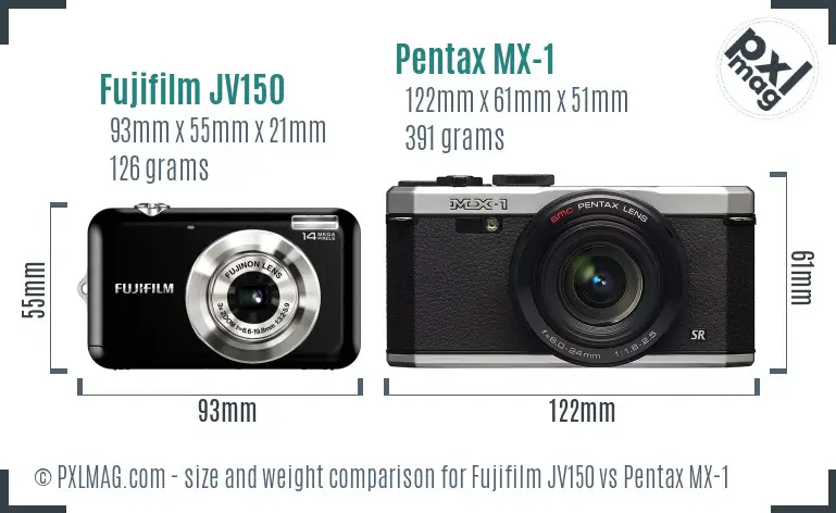 Fujifilm JV150 vs Pentax MX-1 size comparison