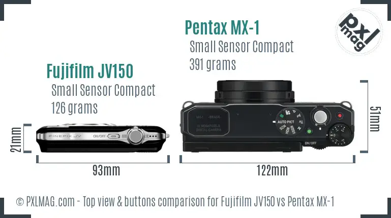 Fujifilm JV150 vs Pentax MX-1 top view buttons comparison