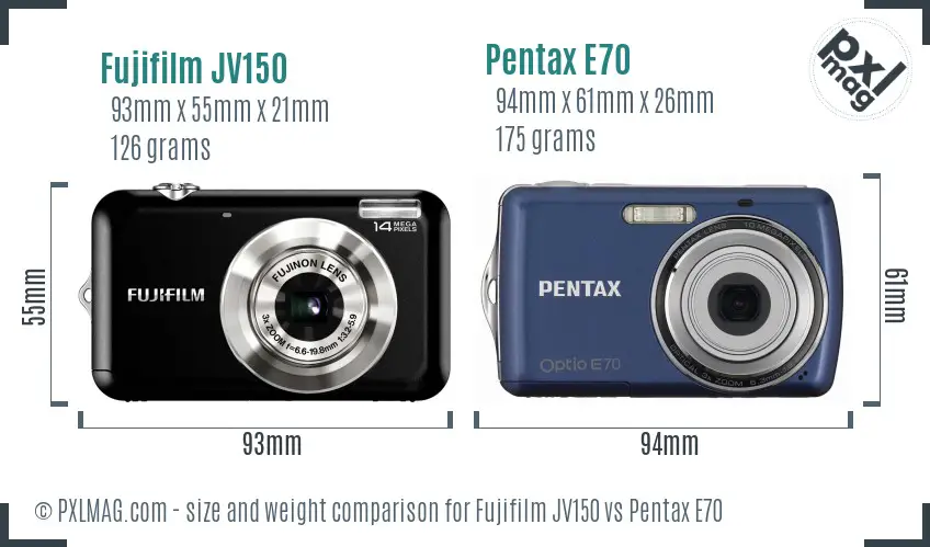 Fujifilm JV150 vs Pentax E70 size comparison