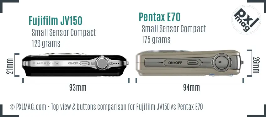 Fujifilm JV150 vs Pentax E70 top view buttons comparison