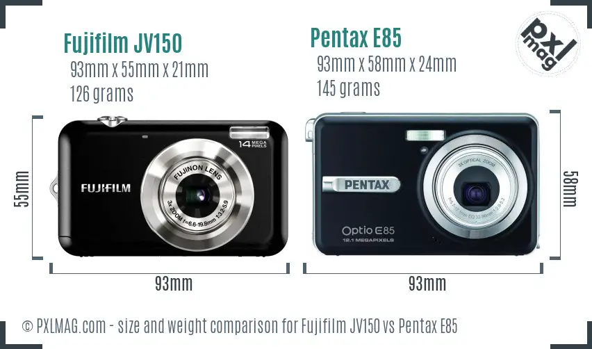 Fujifilm JV150 vs Pentax E85 size comparison