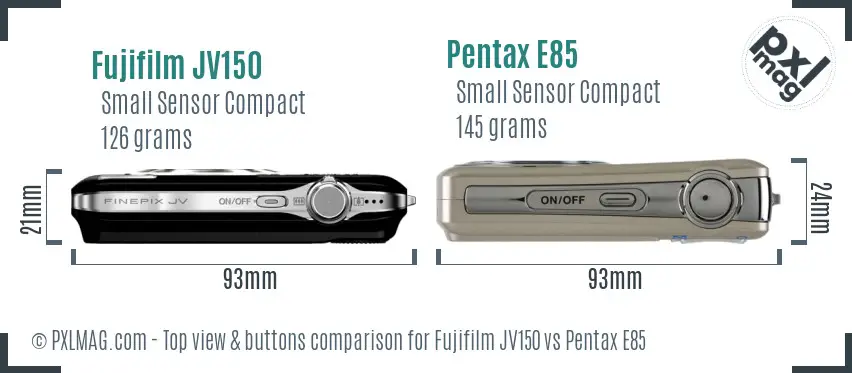 Fujifilm JV150 vs Pentax E85 top view buttons comparison