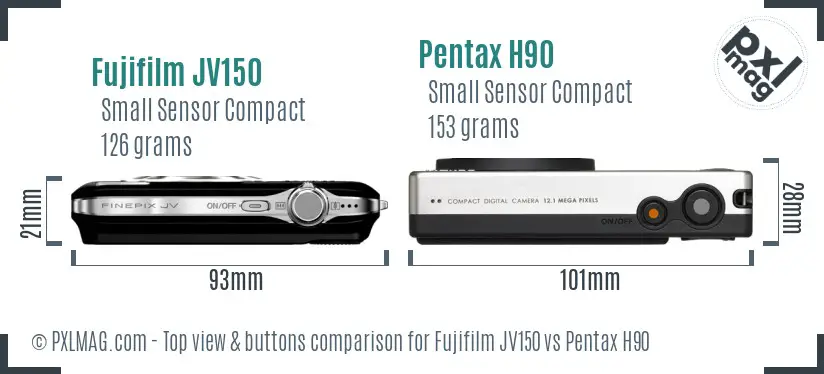 Fujifilm JV150 vs Pentax H90 top view buttons comparison Fujifilm JV150 vs Pentax H90 top view buttons comparison