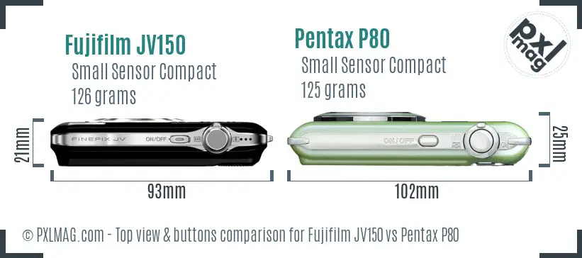 Fujifilm JV150 vs Pentax P80 top view buttons comparison
