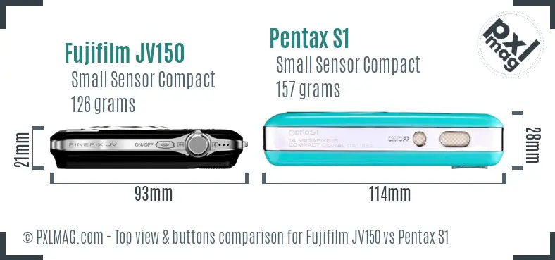 Fujifilm JV150 vs Pentax S1 top view buttons comparison