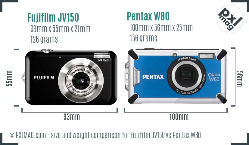 Fujifilm JV150 vs Pentax W80 size comparison