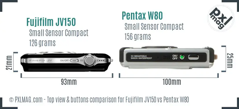Fujifilm JV150 vs Pentax W80 top view buttons comparison