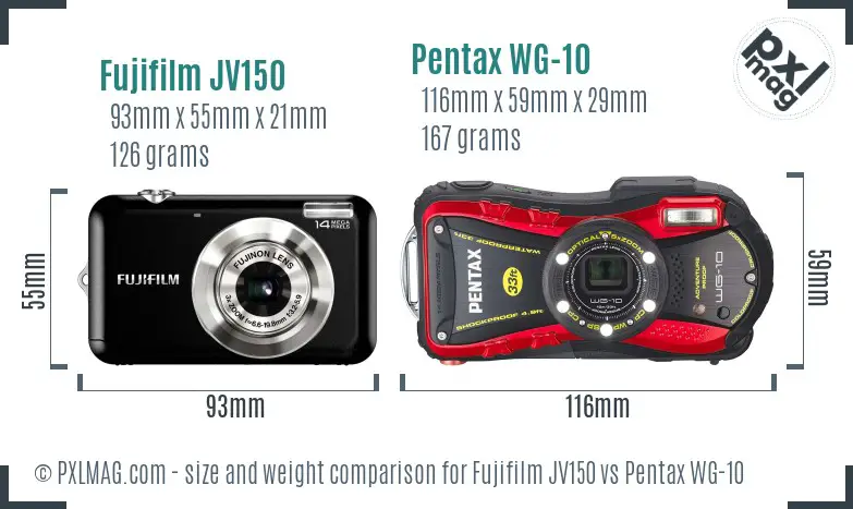 Fujifilm JV150 vs Pentax WG-10 size comparison
