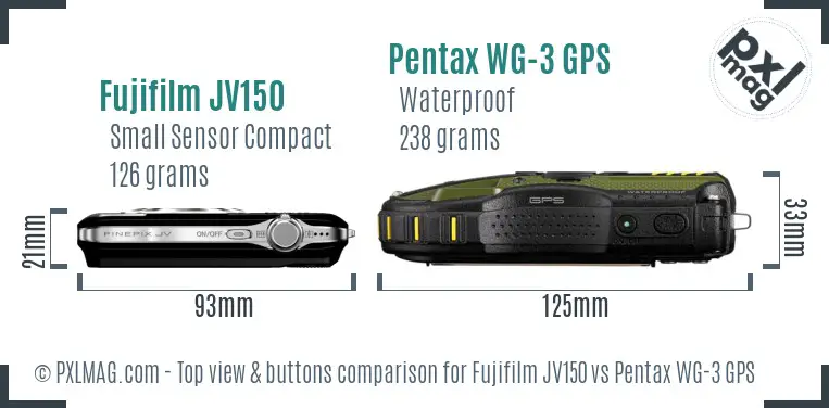 Fujifilm JV150 vs Pentax WG-3 GPS top view buttons comparison