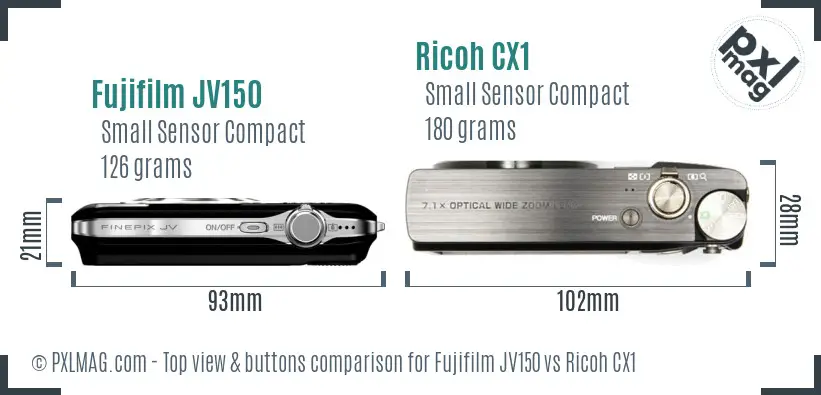 Fujifilm JV150 vs Ricoh CX1 top view buttons comparison Fujifilm JV150 vs Ricoh CX1 top view buttons comparison