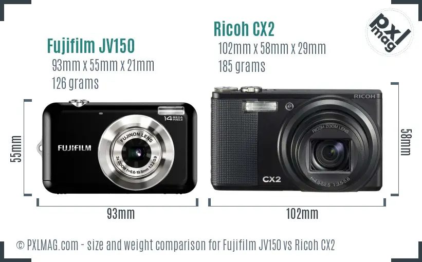 Fujifilm JV150 vs Ricoh CX2 size comparison Fujifilm JV150 vs Ricoh CX2 size comparison