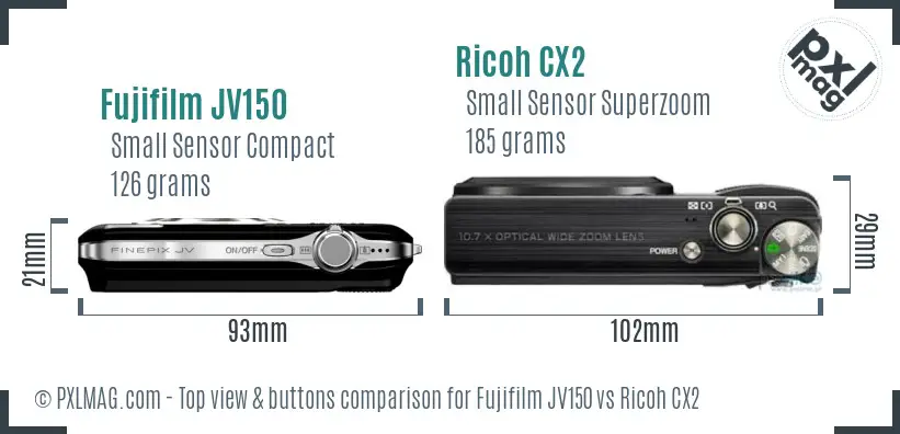 Fujifilm JV150 vs Ricoh CX2 top view buttons comparison Fujifilm JV150 vs Ricoh CX2 top view buttons comparison