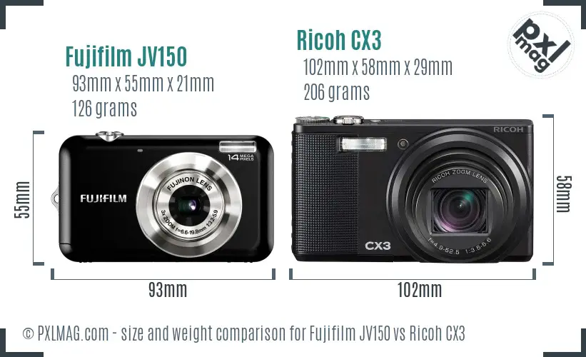 Fujifilm JV150 vs Ricoh CX3 size comparison Fujifilm JV150 vs Ricoh CX3 size comparison
