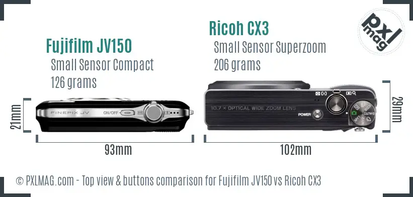 Fujifilm JV150 vs Ricoh CX3 top view buttons comparison Fujifilm JV150 vs Ricoh CX3 top view buttons comparison