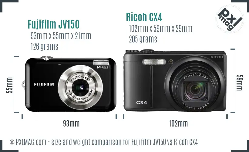 Fujifilm JV150 vs Ricoh CX4 size comparison