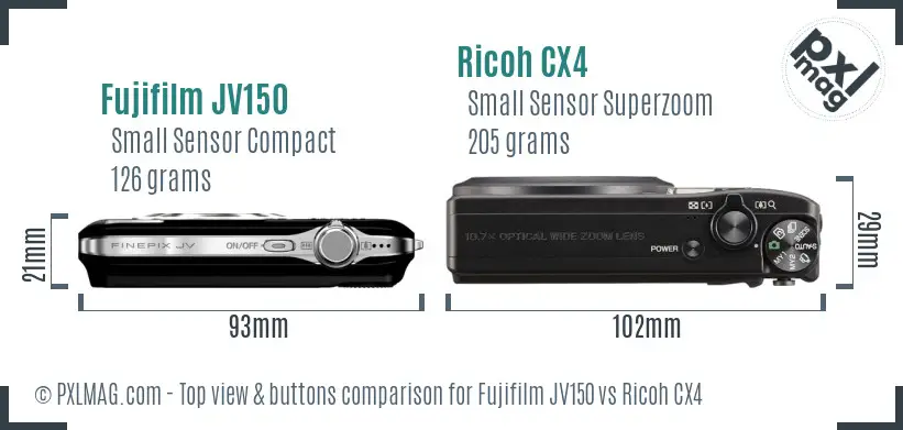 Fujifilm JV150 vs Ricoh CX4 top view buttons comparison