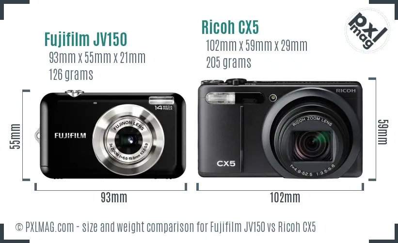 Fujifilm JV150 vs Ricoh CX5 size comparison