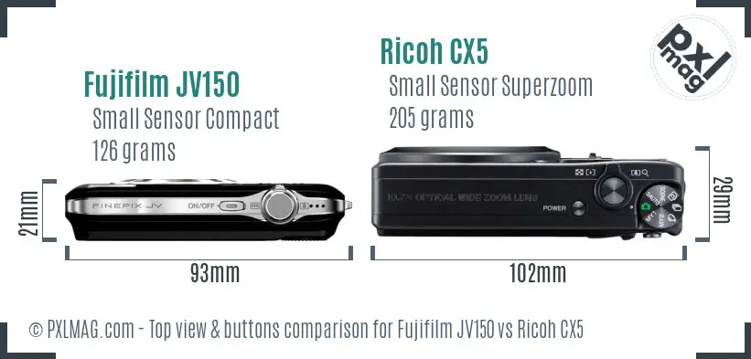 Fujifilm JV150 vs Ricoh CX5 top view buttons comparison