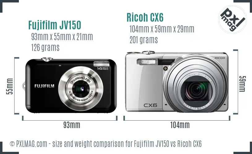 Fujifilm JV150 vs Ricoh CX6 size comparison