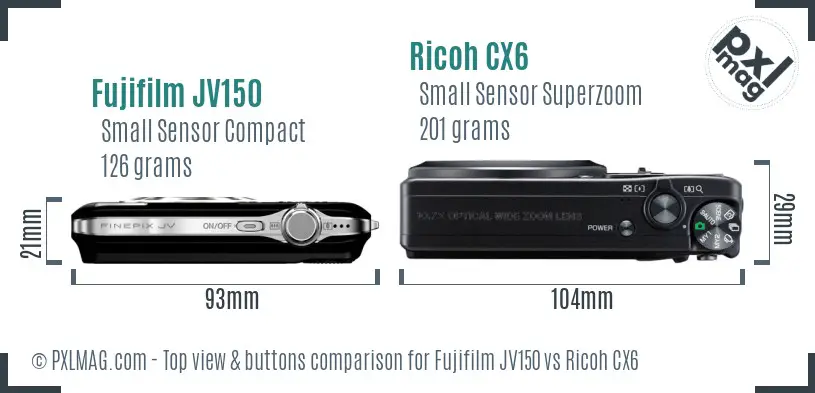 Fujifilm JV150 vs Ricoh CX6 top view buttons comparison