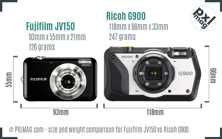 Fujifilm JV150 vs Ricoh G900 size comparison
