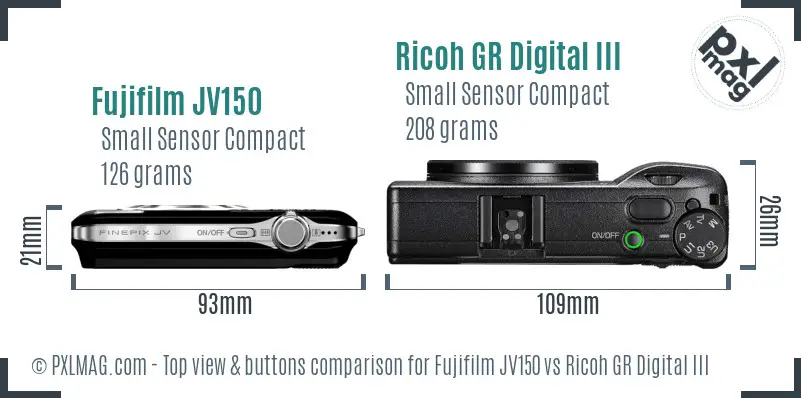 Fujifilm JV150 vs Ricoh GR Digital III top view buttons comparison Fujifilm JV150 vs Ricoh GR Digital III top view buttons comparison