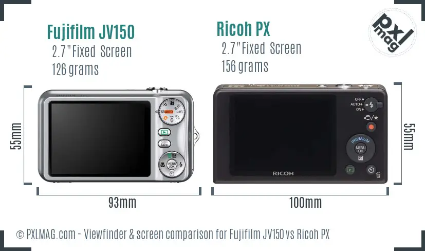 Fujifilm JV150 vs Ricoh PX Screen and Viewfinder comparison