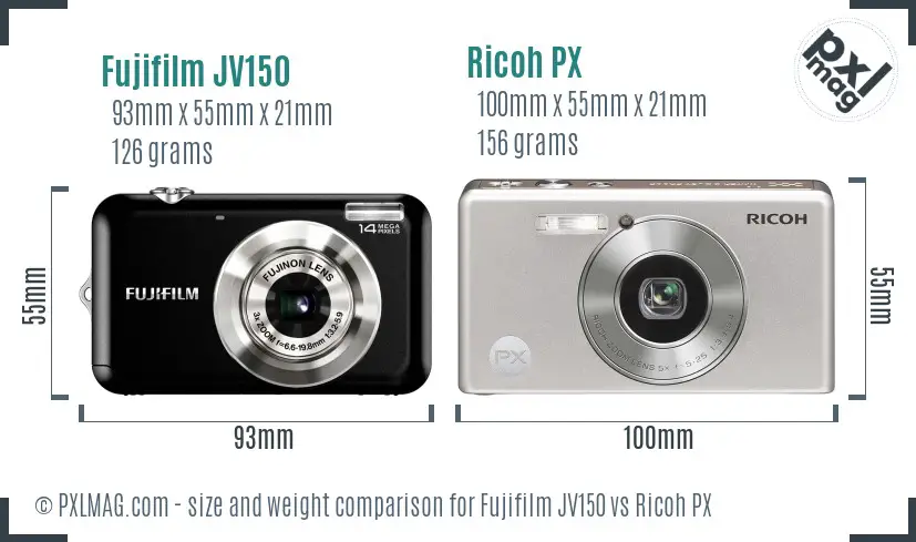 Fujifilm JV150 vs Ricoh PX size comparison