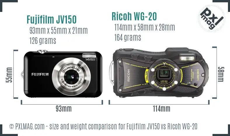 Fujifilm JV150 vs Ricoh WG-20 size comparison