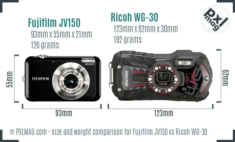 Fujifilm JV150 vs Ricoh WG-30 size comparison