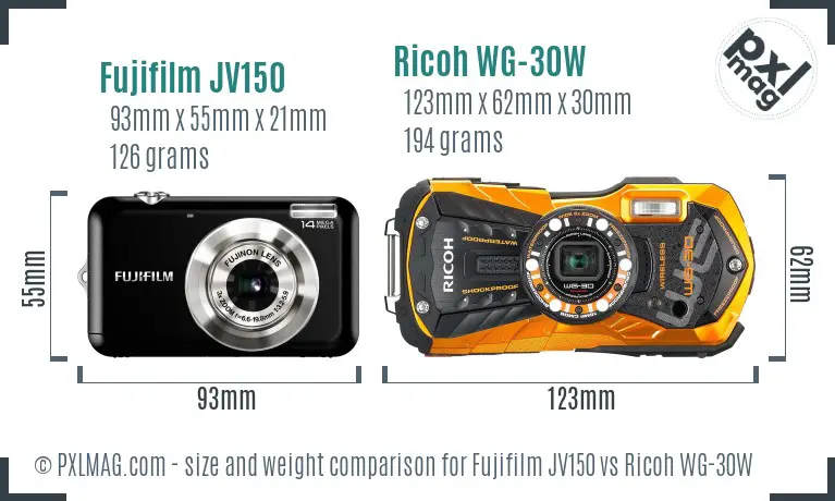 Fujifilm JV150 vs Ricoh WG-30W size comparison