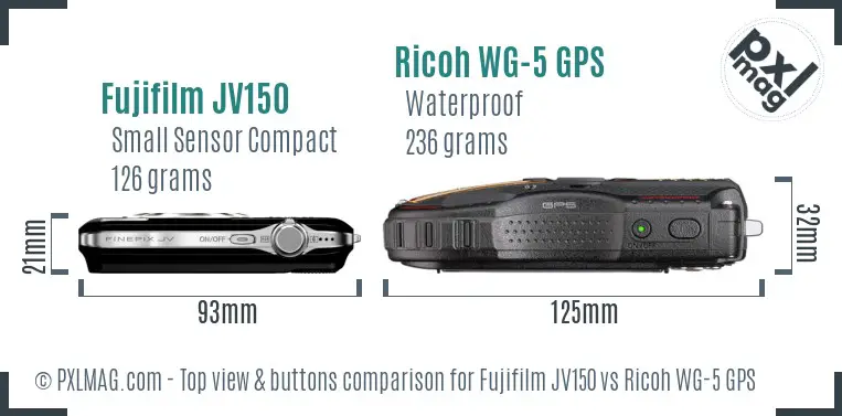 Fujifilm JV150 vs Ricoh WG-5 GPS top view buttons comparison